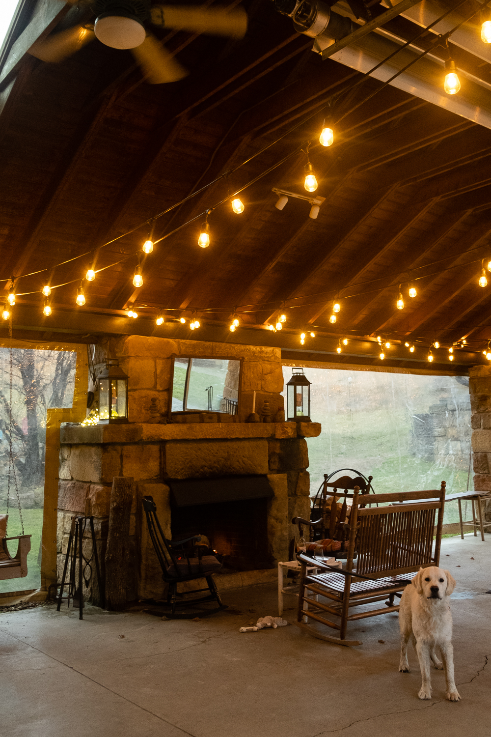 Patio fireplace with dog
